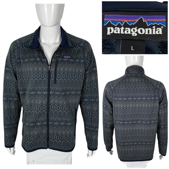 Patagonia Mens Large Jacket Better Sweater Falconer Legend Blue Aztec Fish Print